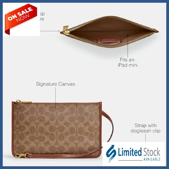 Medium Zip Pouch Clutch Fits iPad Mini Canvas Leather Slim Design - Picture 4 of 6